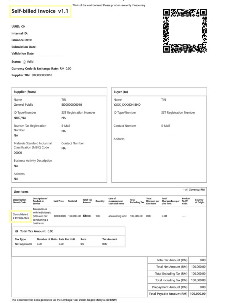 A sample visual representation of a consolidated self-billed e-Invoice